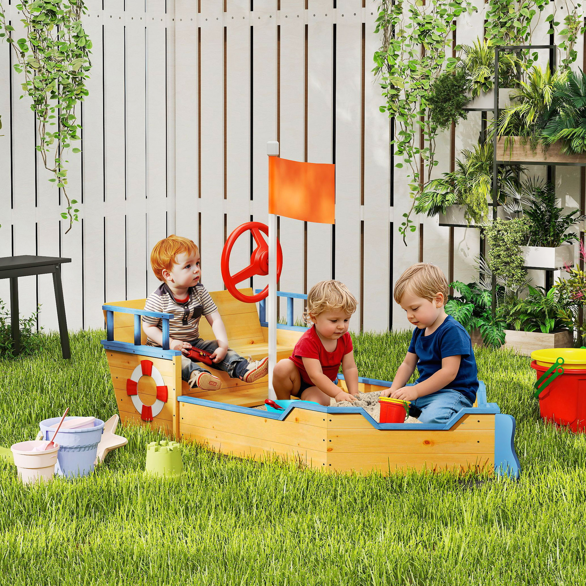 Arenero Infantil de Madera Diseño de Galeón con 2 Escalones Banco con Almacenaje Bandera y Timón Cajón de Arena de Jardín para Niños de +3 Años 158x78x45,5 cm Natural