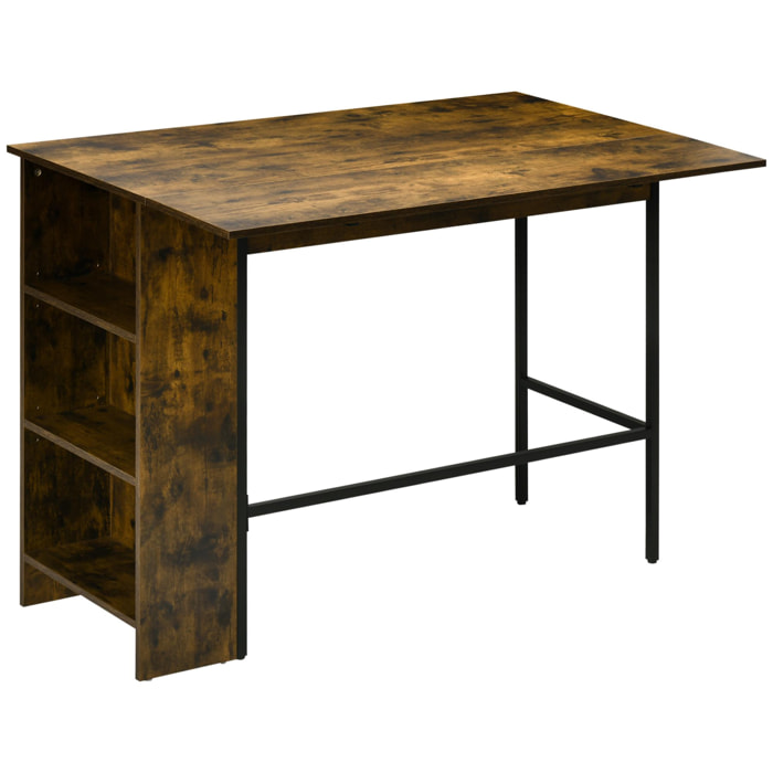 Table de bar extensible design industriel - 3 étagères intégrées - châssis métal noir aspect bois vieilli