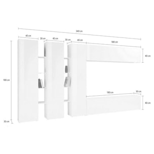 Parete attrezzata Carmelo, Set salotto porta TV a 5 ante, Mobile soggiorno multiuso, 100% Made in Italy, cm 340x30h180, Bianco lucido