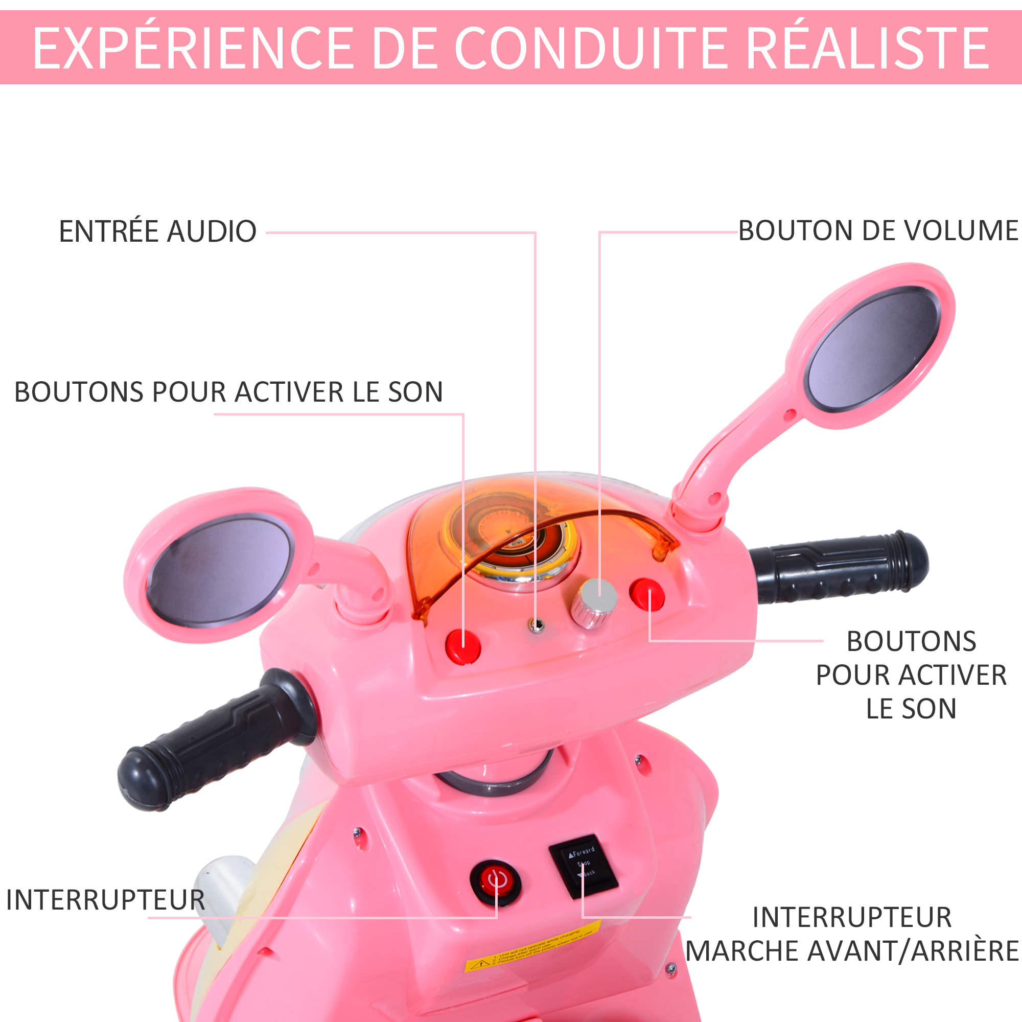 Moto scooter électrique pour enfants 6 V env. 3 Km/h 3 roues et topcase effet lumineux et sonore rose