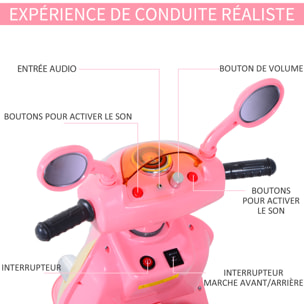 Moto scooter électrique pour enfants 6 V env. 3 Km/h 3 roues et topcase effet lumineux et sonore rose