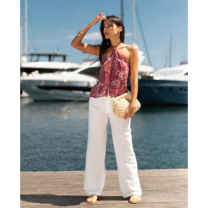 Blusa de mujer estampada con lazada al cuello y espalda descubierta