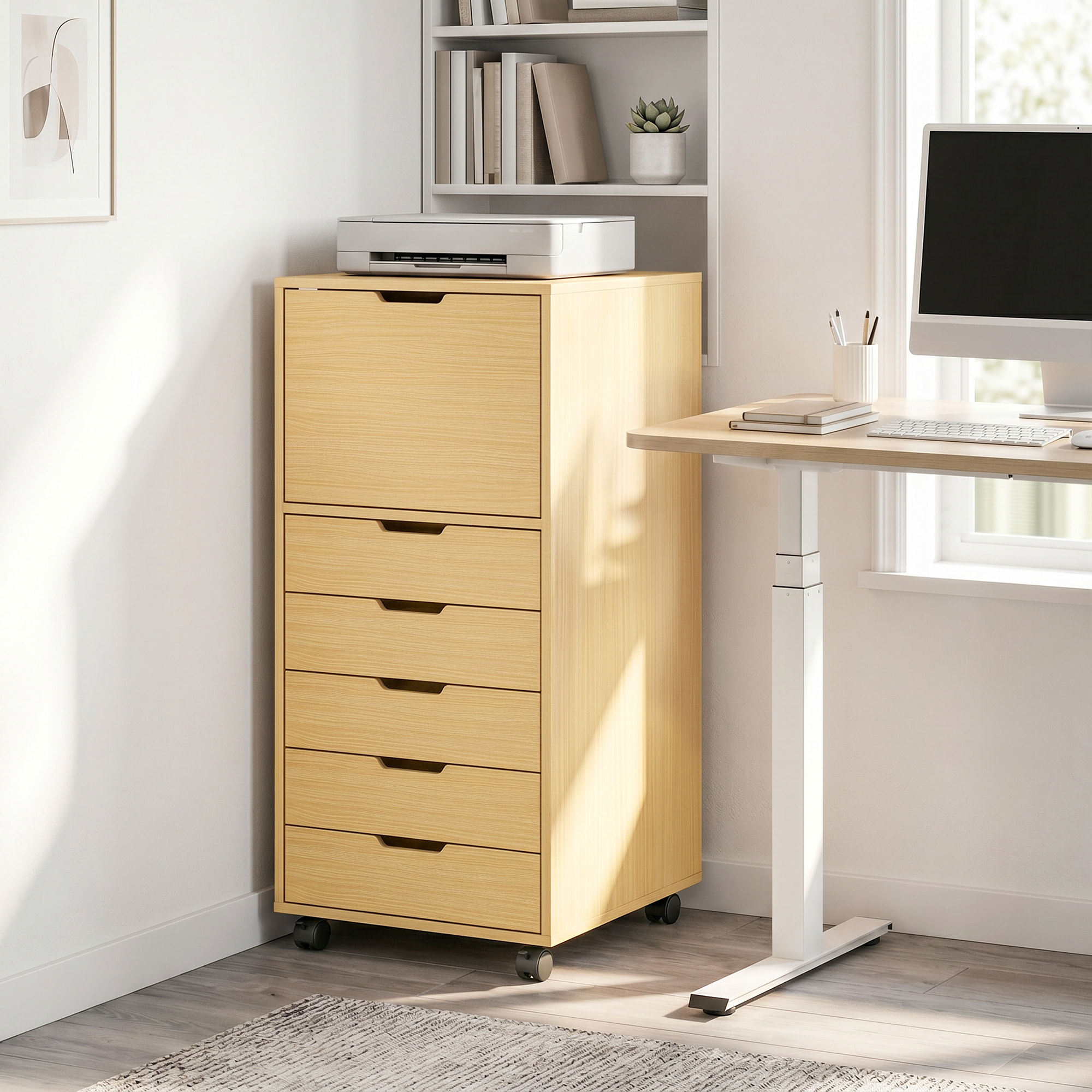 Cajonera Escritorio con 5 Cajones, Cajonera de Oficina con Ruedas y Armario con Cierre Suave, Soporte para Impresora, Mueble Archivador para Oficina en Casa, Natural
