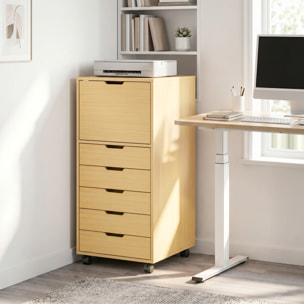 Cajonera Escritorio con 5 Cajones, Cajonera de Oficina con Ruedas y Armario con Cierre Suave, Soporte para Impresora, Mueble Archivador para Oficina en Casa, Natural