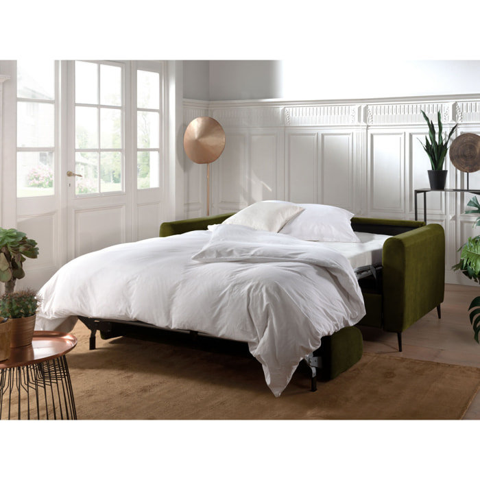 Owen - canapé lit 3 places convertible express couchage quotidien 140 cm matelas 12 cm en velours - Vert Olive