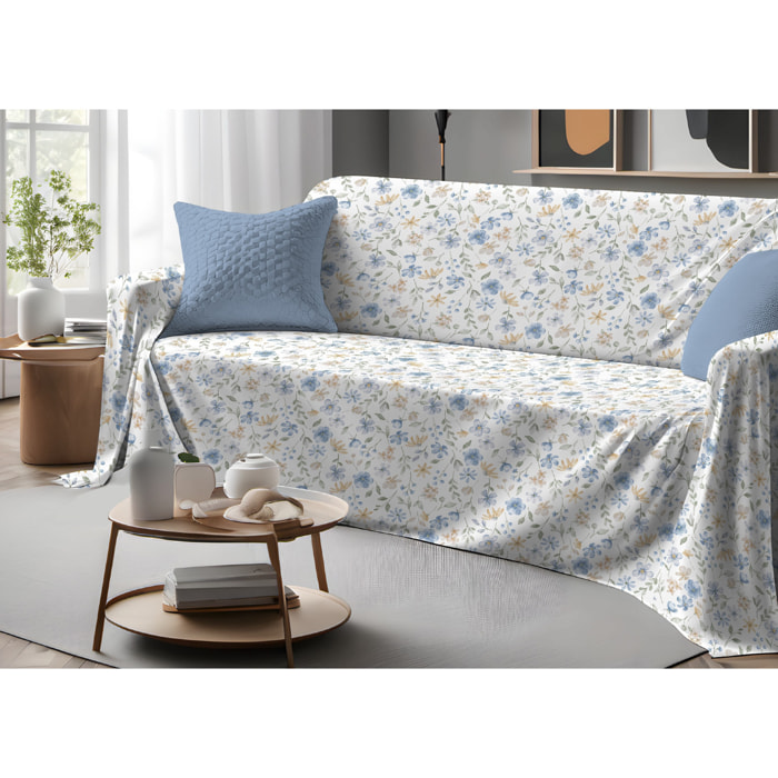 Telo Arredo Copritutto Grand Foulard Copridivano Copriletto 100% Cotone Disegno Primavera Azzurro