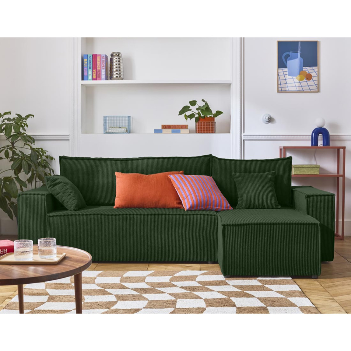 Cezanne - canapé d'angle réversible - 4 places - convertible avec coffre - en velours côtelé - Vert