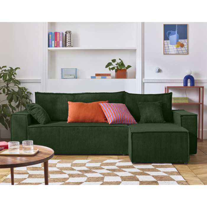 Cezanne - canapé d'angle réversible - 4 places - convertible avec coffre - en velours côtelé - Vert