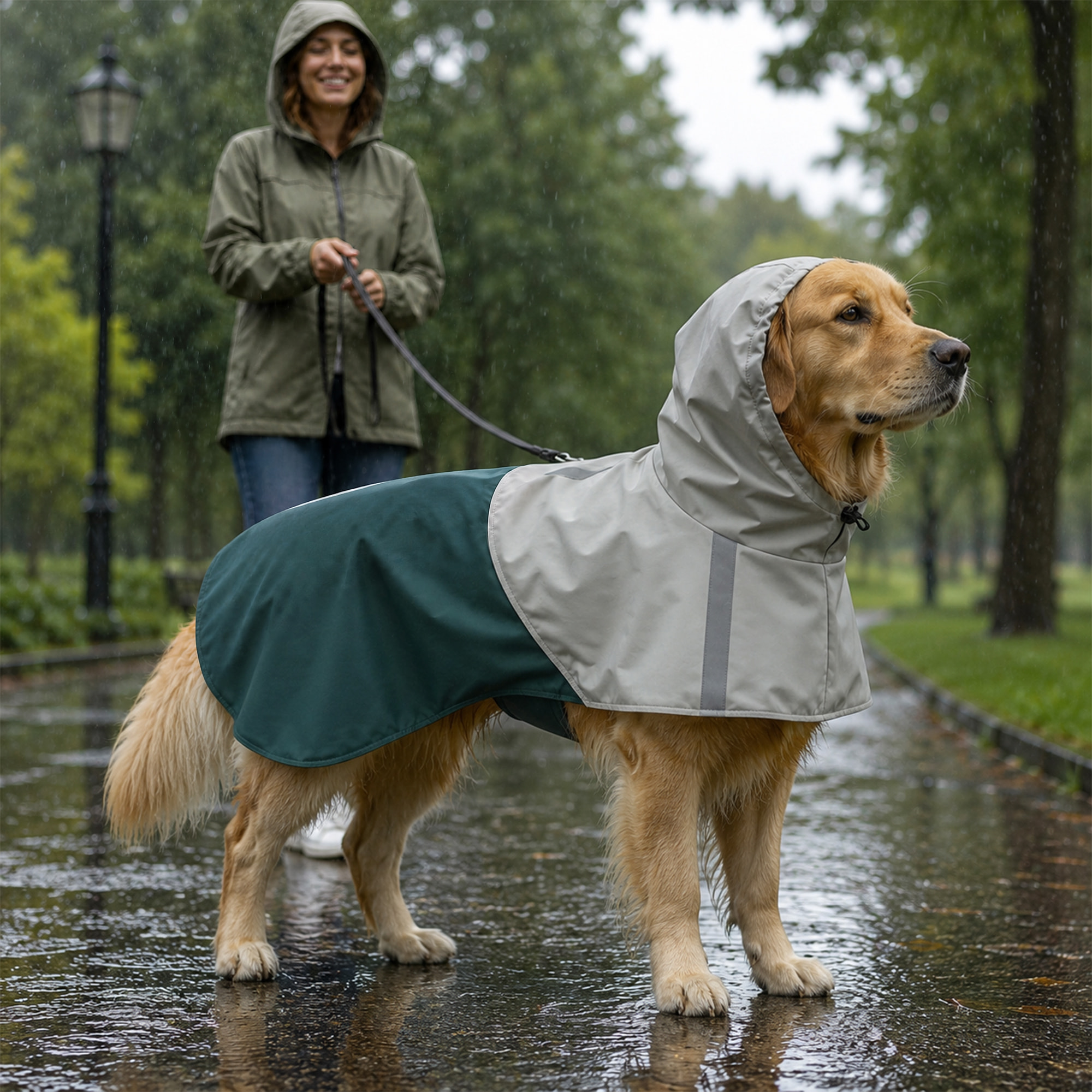 Impermeable para Perros con Capucha, Chubasquero Impermeable y Transpirable con Agujero para Correa, Tiras Reflectantes, Poncho Ajustable para Perros Grandes de 20-30 kg, L, Verde