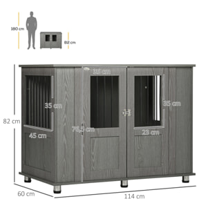 Jaula para Perros Grandes Desmontable 2 en 1 Mesa Auxiliar con 2 Puertas con Pestillo 4 Ventanas y Patas Ajustables 114x60x82 cm Gris