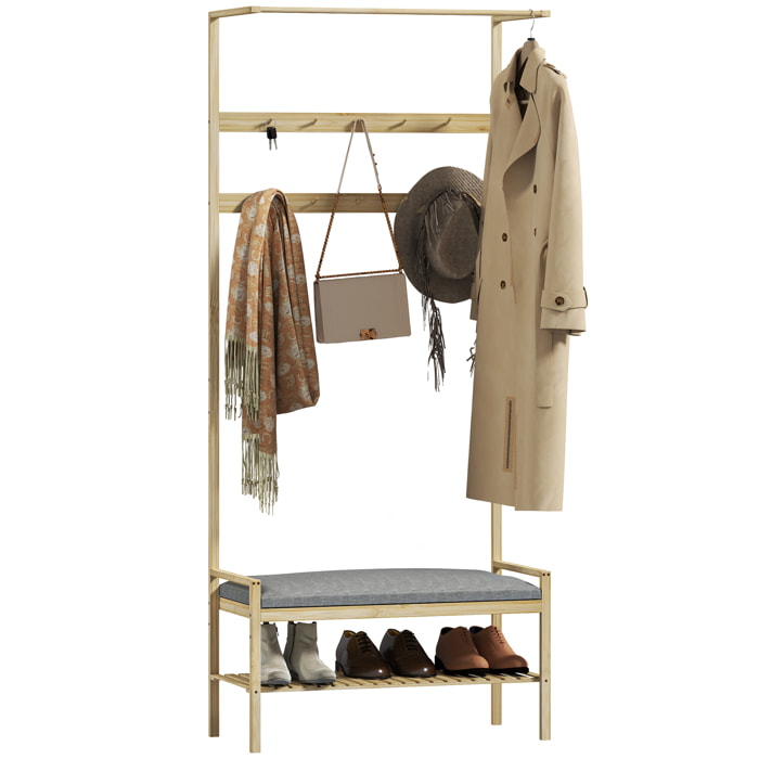 Perchero Zapatero Perchero Entrada Recibidor con 10 Ganchos Banco Zapatero Barra Superior y Compartimento para Pasillo Dormitorio 73,5x34x171 cm Natural