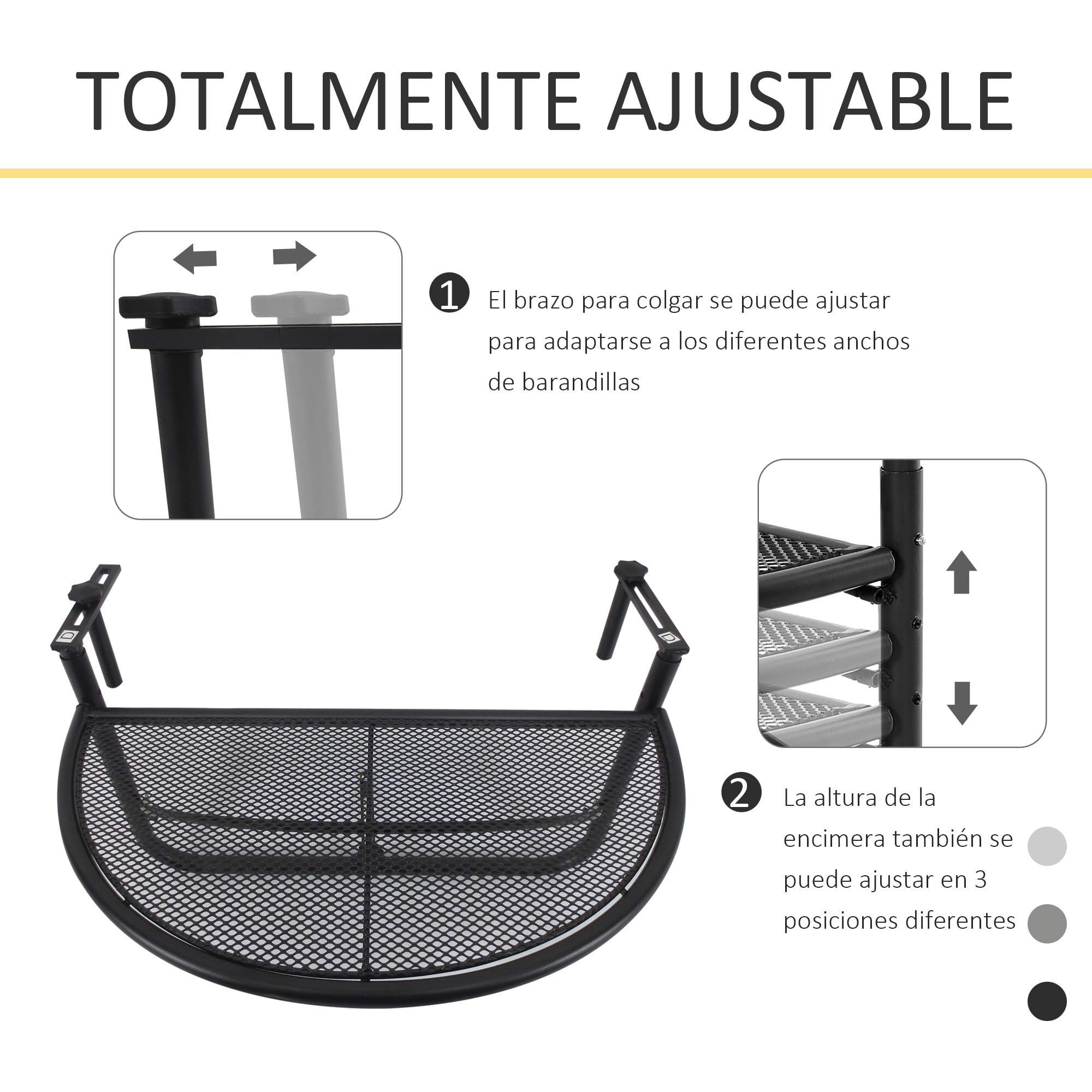 Mesa Colgante de Balcón Semicircular 60x47x50 cm Ajustable en Altura Simple y Conveniente para Barandilla de Balcón Terraza Patio
