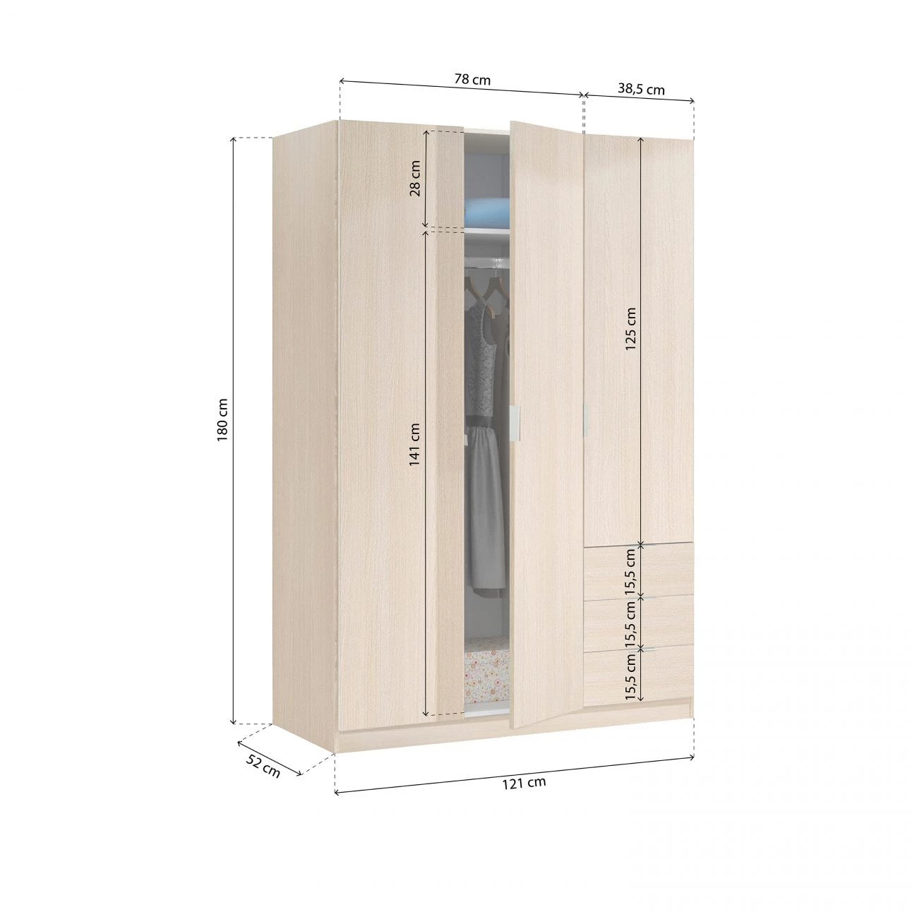 Armario Hexa 3 puertas 3 cajones Roble