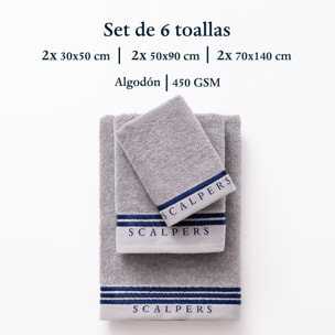 Set 6 toallas baño (2x tocador 30x50cm + 2x manos 50x90cm + 2x baño 70x140cm) 450gsm en algodón gris con azul scalpers home
