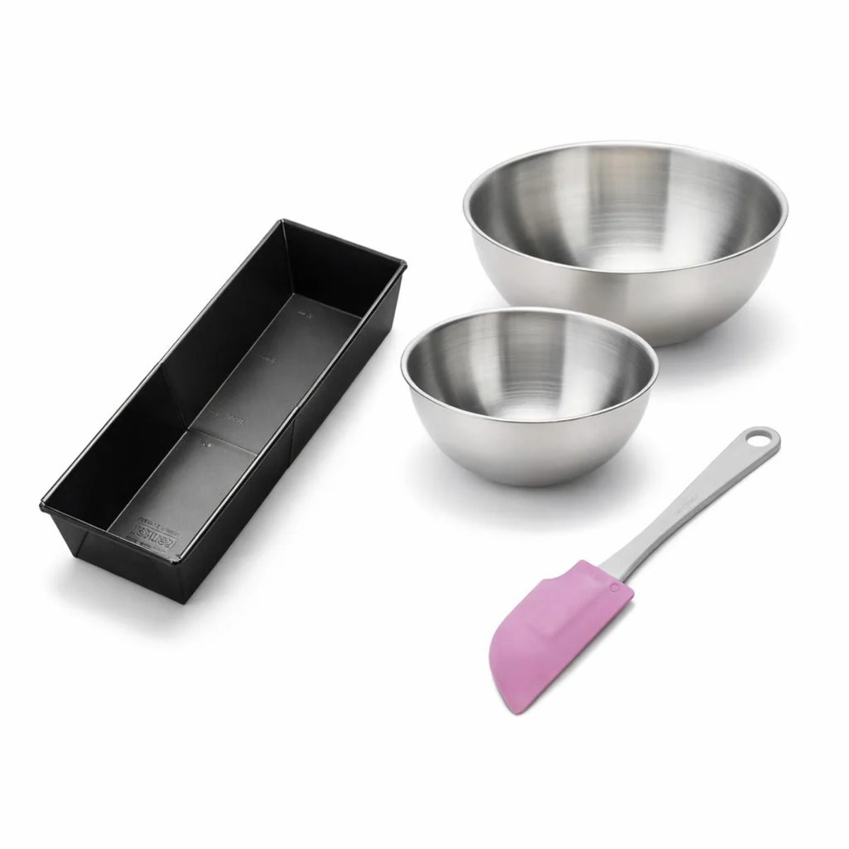 Lot avec 1 moule à cake de 28 à 40 cm, 1 spatule Zenker et 2 bols à mixer en inox Fackelmann