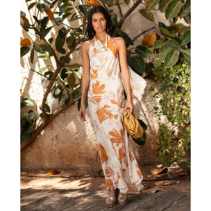Vestido Largo Floral con Escote Halter Drapeado