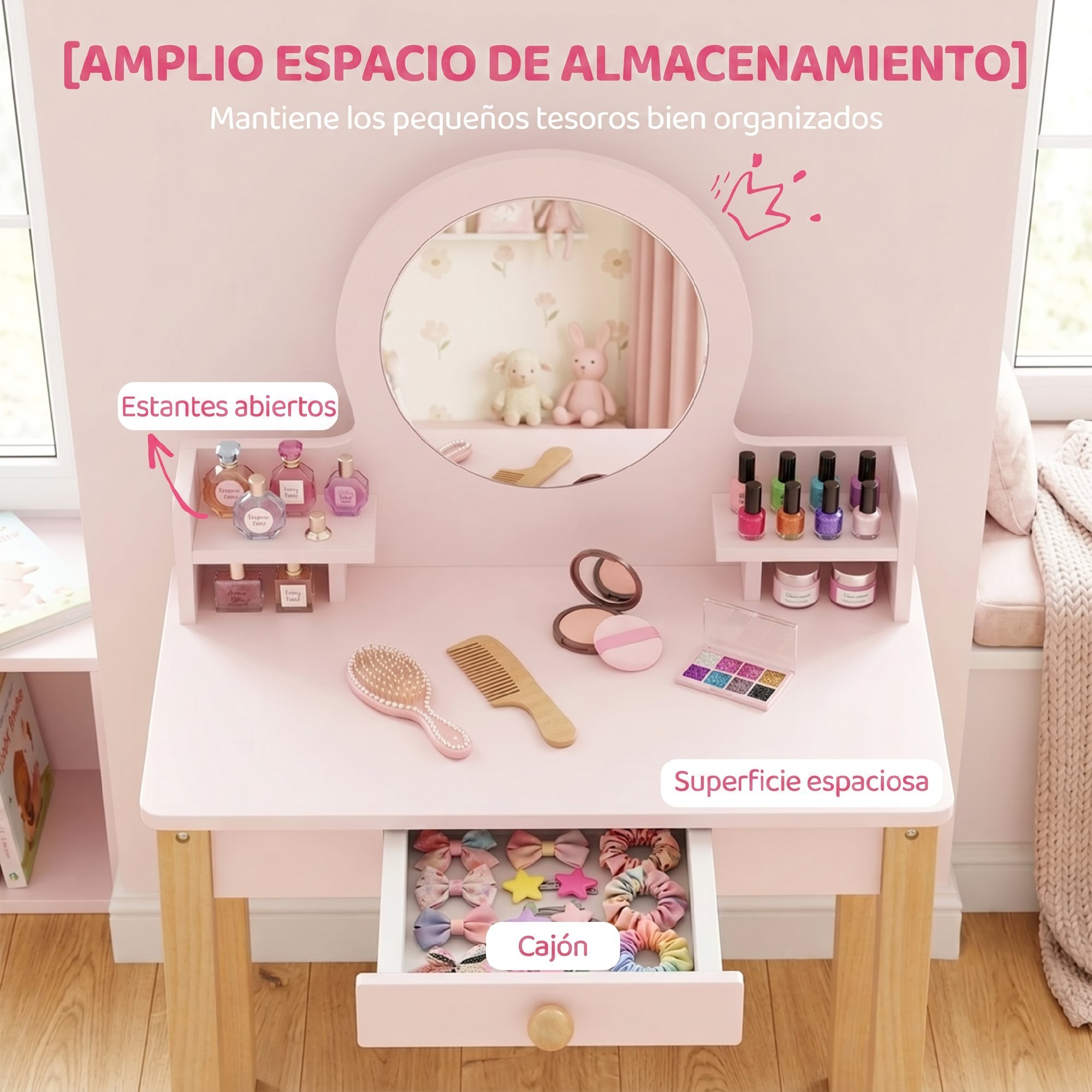 Tocador de Maquillaje Niña, Tocador Infantil con Taburete y Espejo, Cajón y 2 Estantes Abiertos, para Niños de 3 a 6 Años, Rosa