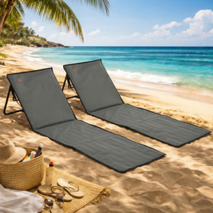 Conjunto de 2 Esterillas de Playa Plegable Esteras Acolchadas de Tela Oxford PVC 600D con Respaldo Reclinable y Bolsa de Transporte para Jardín 142x51x40 cm Gris