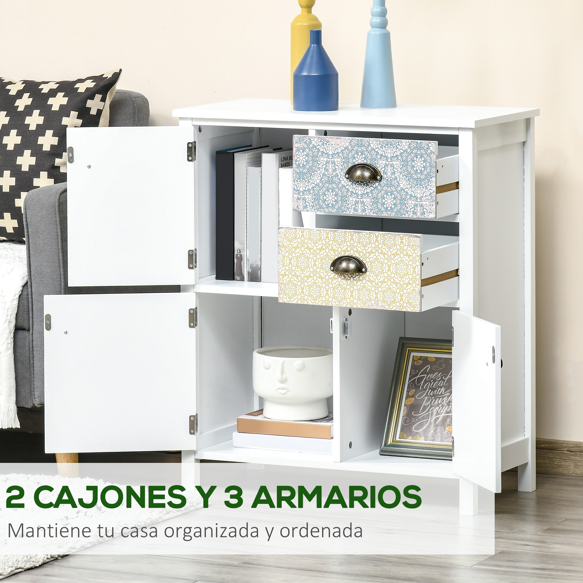 Cómoda con 2 Cajones Cómoda para Dormitorio Estilo Bohemio con 3 Compartimentos Diseño Anti-vuelco para Salón Pasillo 68x34x80 cm Blanco