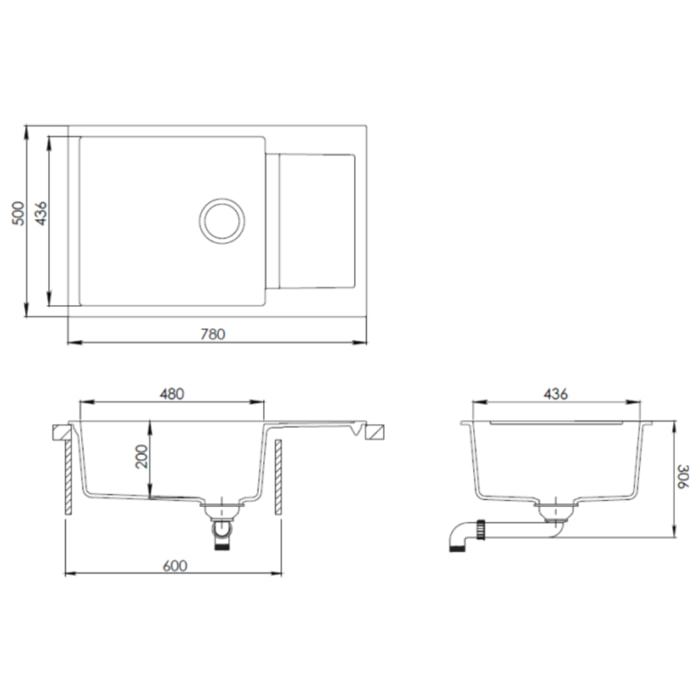 78x50 cm évier avec égouttoir réversible en Granite, à encastrer, blanc (SATSINKGQT105W)
