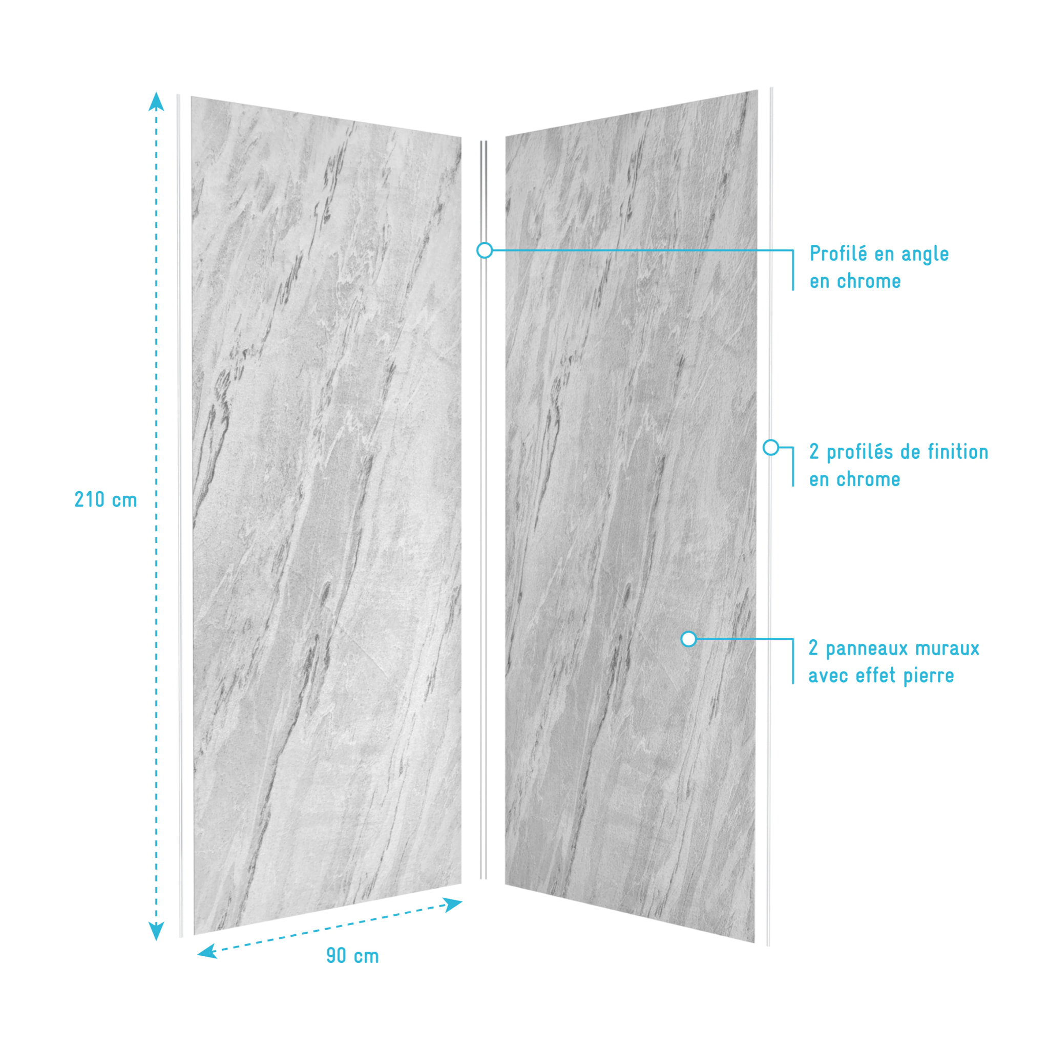 Pack de 2 Panneaux Muraux Pierre Artic Storm 90+90x210 cm avec Profilés ANODISE BRILLANT - STONE'IT