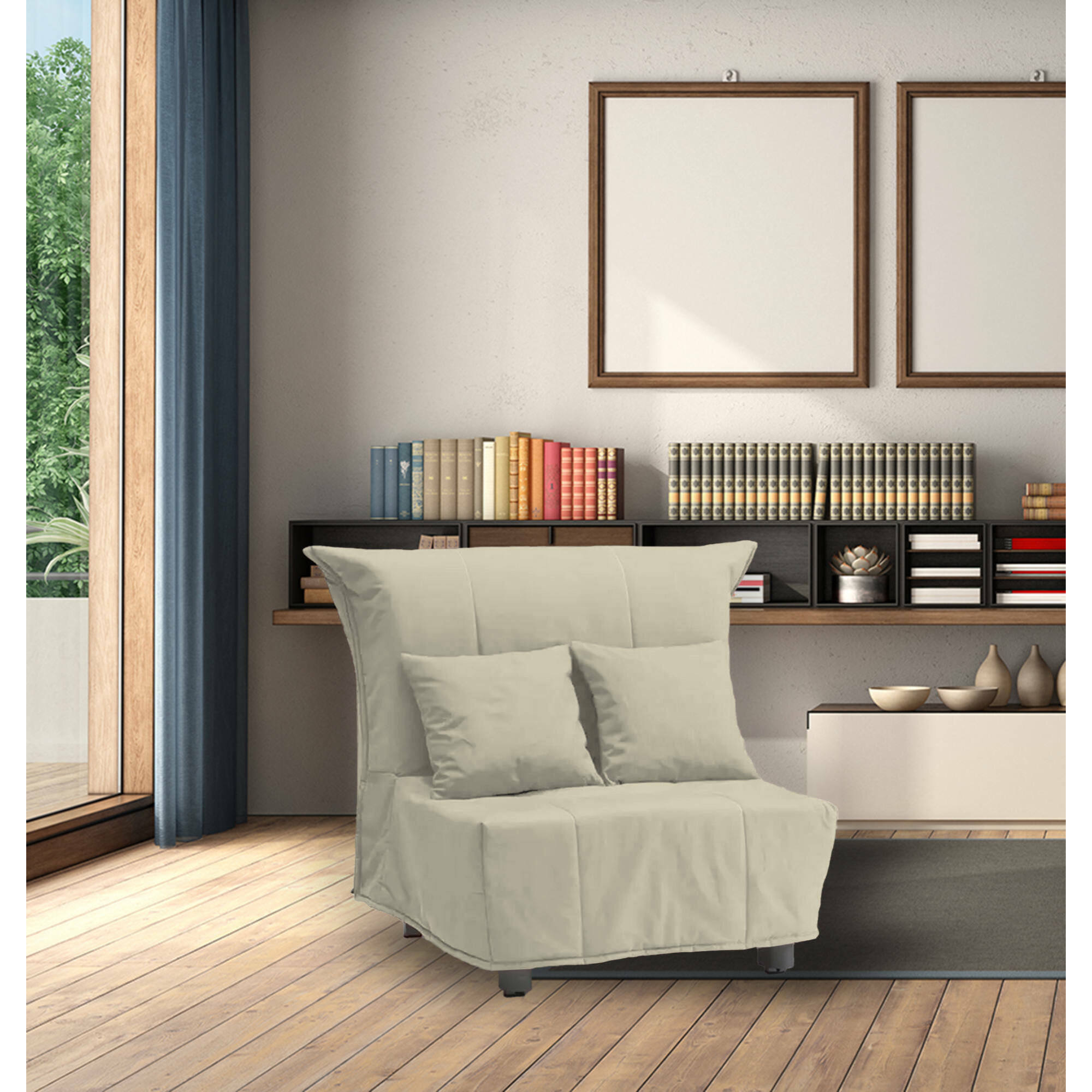 Divano Letto Alma, Divano singolo, 100% Made in Italy, Poltrona soggiorno con apertura a carrello, in tessuto imbottito, con cuscini inclusi, Cm 85x90h85, Beige