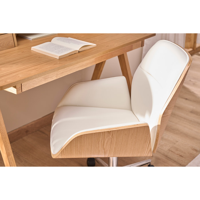 Chaise de bureau à roulettes design blanc, bois clair et acier chromé  MARLOW