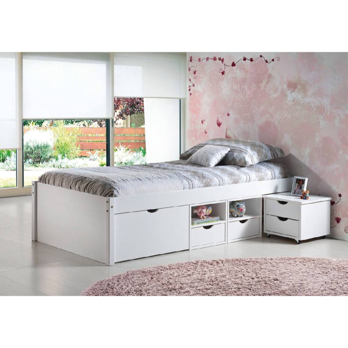 Letto con vani contenitore e comodino conruote incluso in pino massello verniciato ad acqua bianco, cm 209 x 96 x 47,5