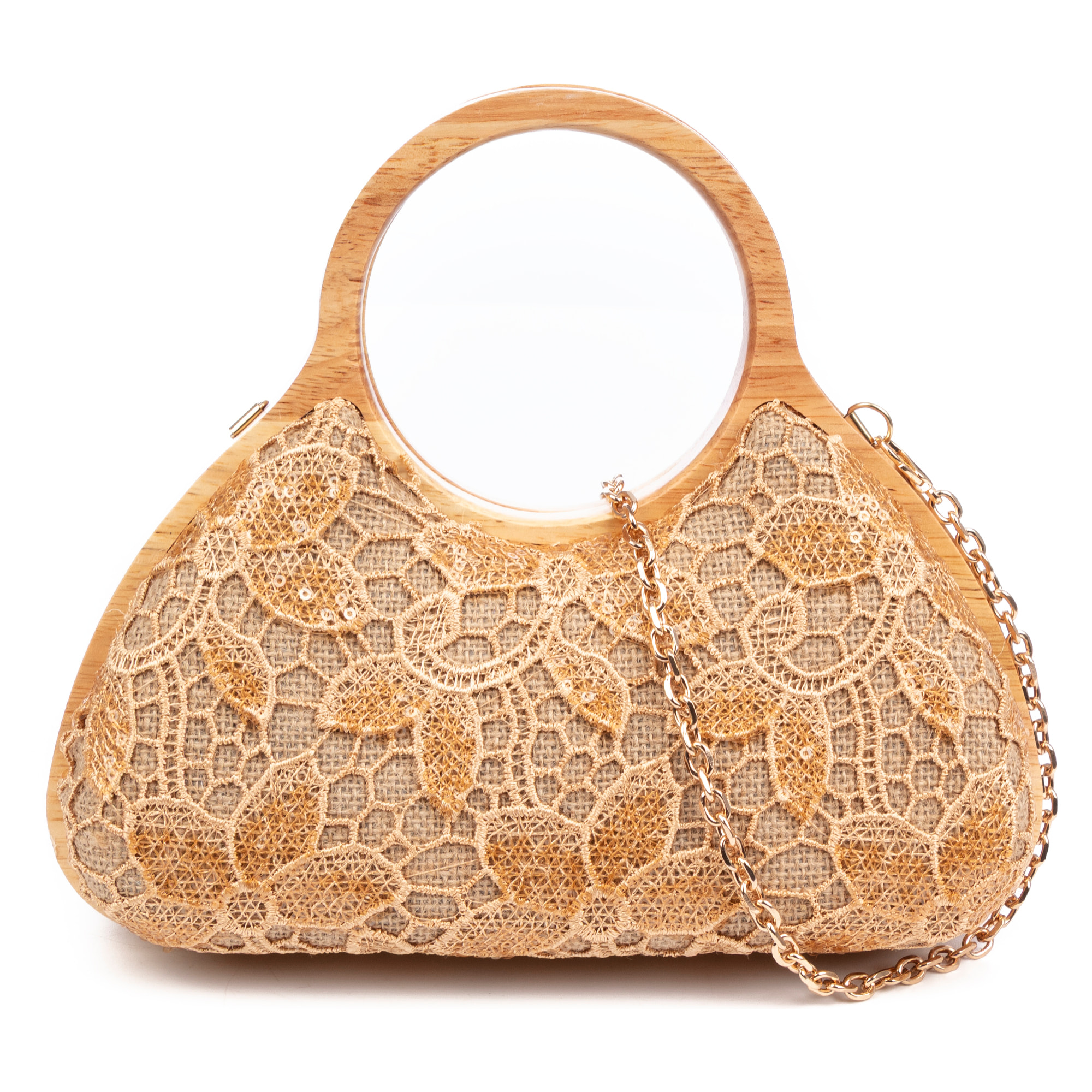 Avisio bolso de mano fabricado en madera natural, algodón y jute con diseño malla de tejido floral