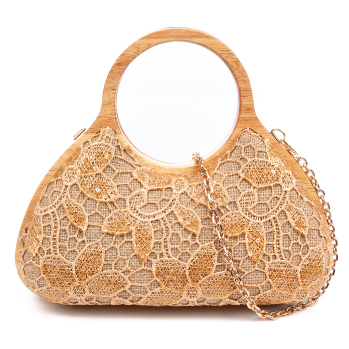 Avisio bolso de mano fabricado en madera natural, algodón y jute con diseño malla de tejido floral