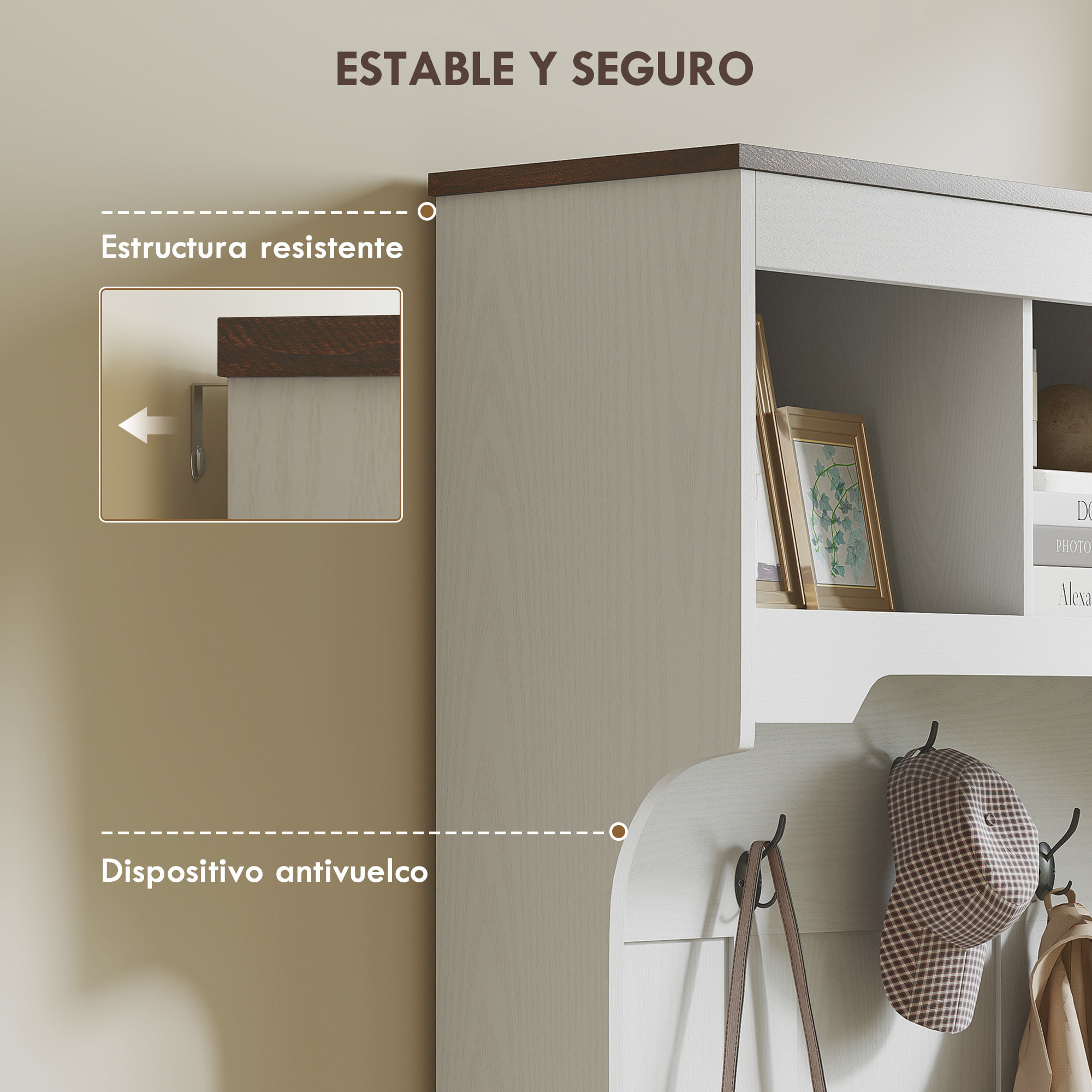 Perchero Zapatero, Perchero Entrada Recibidor con Banco Zapatero 5 Ganchos 3 Estantes Armario y Compartimentos Estilo Rústico para Pasillo Dormitorio Salón 105x40x180 cm Blanco