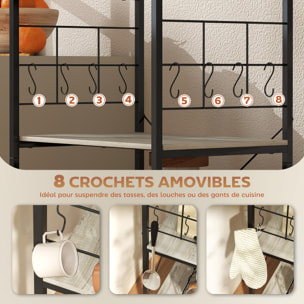 Étagère micro-ondes 8 crochets 4 étagères dim. 60 x 42 x 134,5 cm métal noir effet bois clair