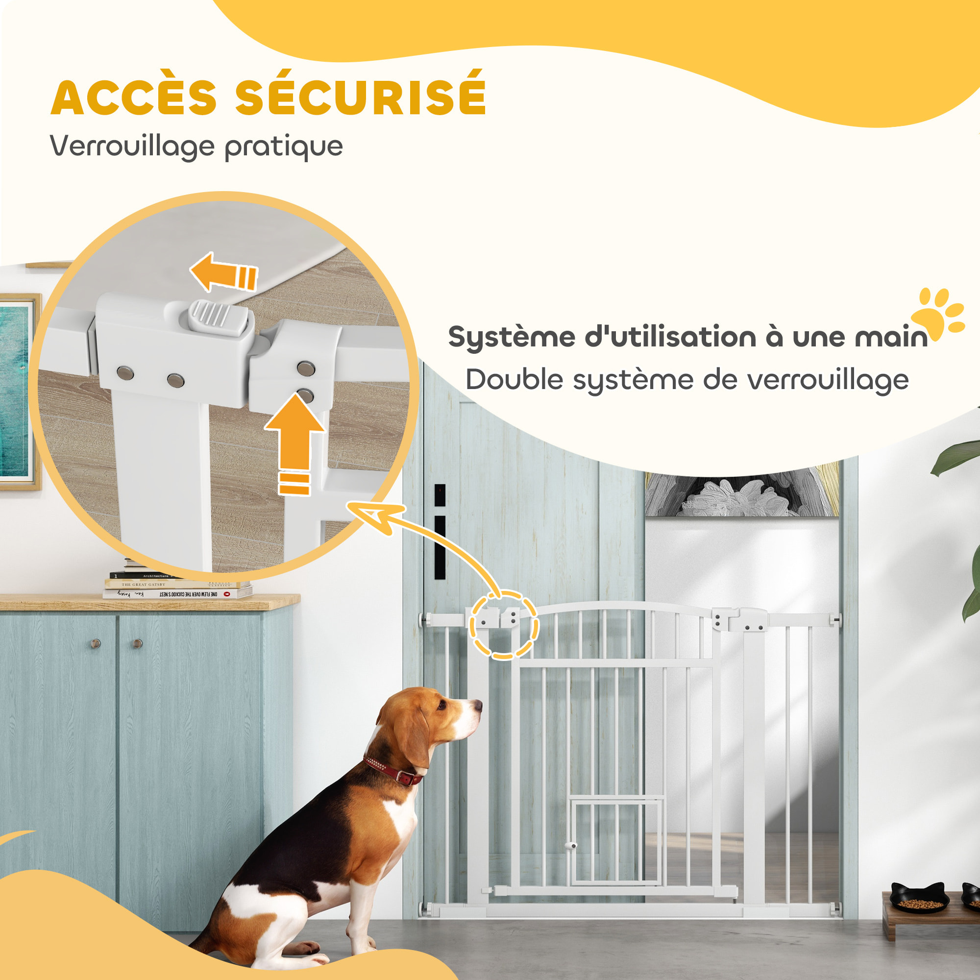 Barrière de sécurité pour chien - barrière à pression ajustable - 2 portes verrouillables - acier blanc