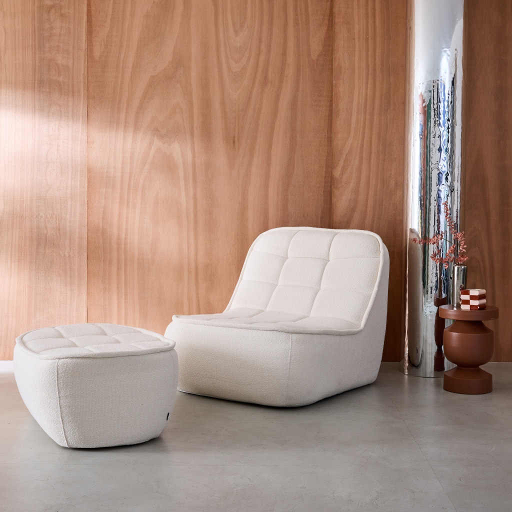 Chauffeuse bouclette texturée 1 place + repose pieds blanc cassé L 93 x P 104 x H 85cm - Boni