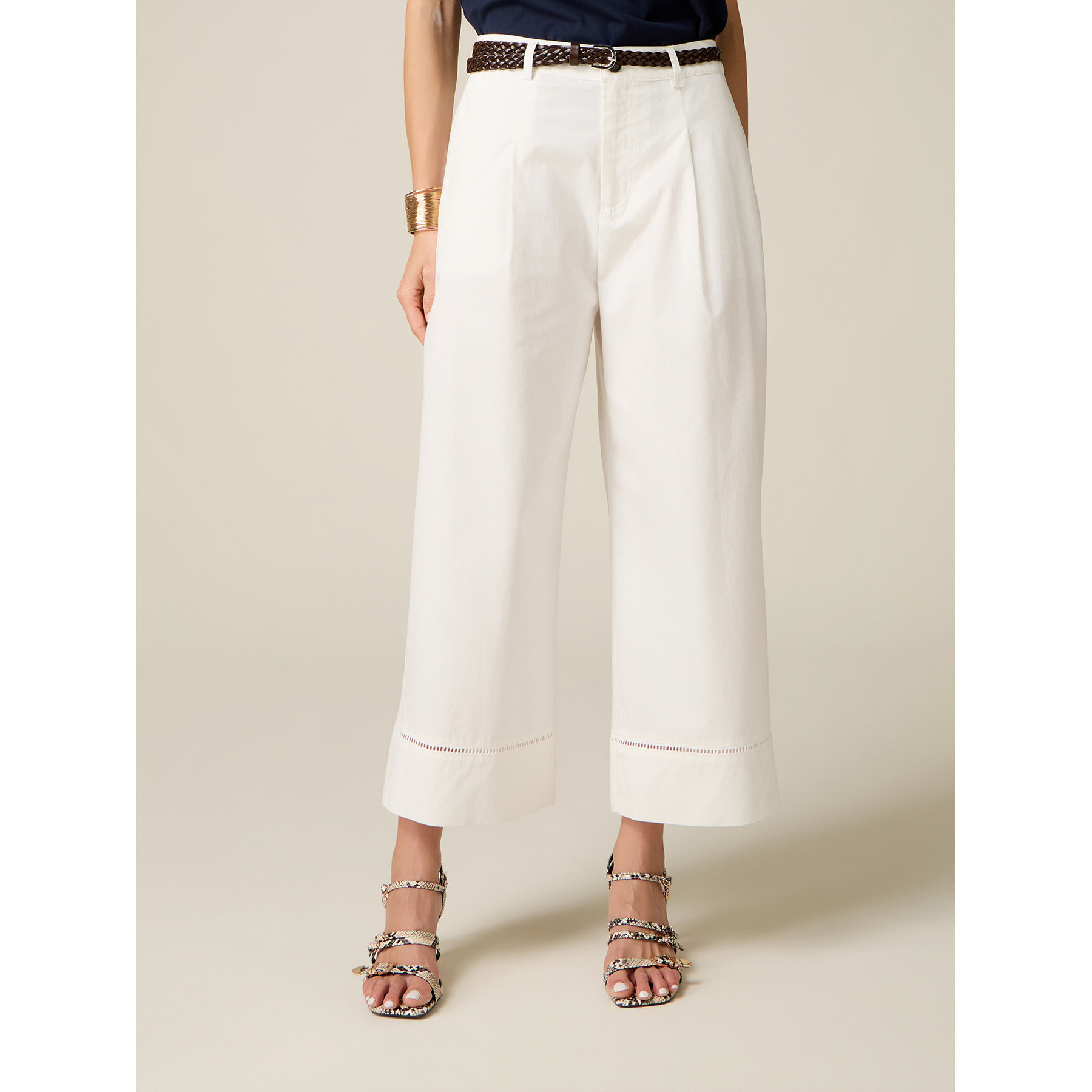 Oltre - Pantaloni palazzo cropped con ajour - Bianco
