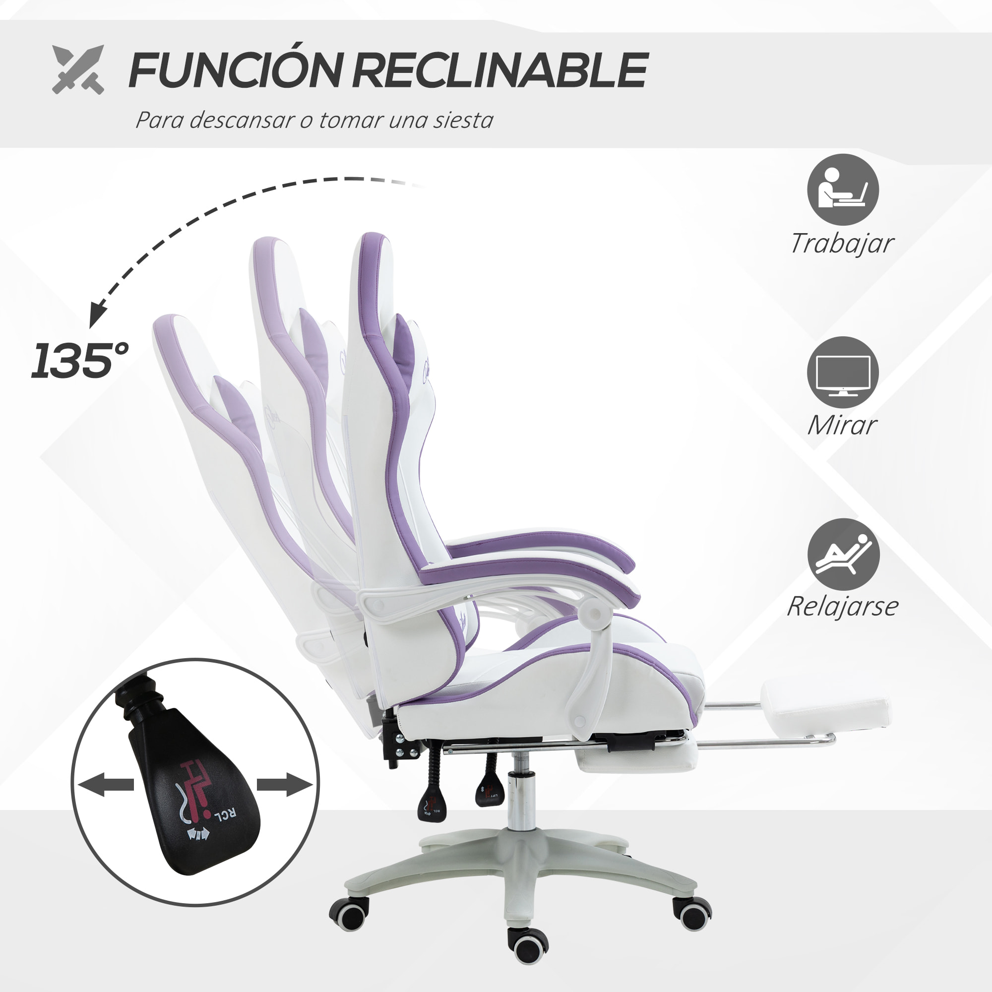 Silla Gaming Ergonómica, Silla Gamer de Cuero PU con Reclinable 135°, Soporte Lumbar, Altura Ajustable, Reposacabezas y Reposapiés Retráctil, para Oficina, Estudio, Blanco y Violeta