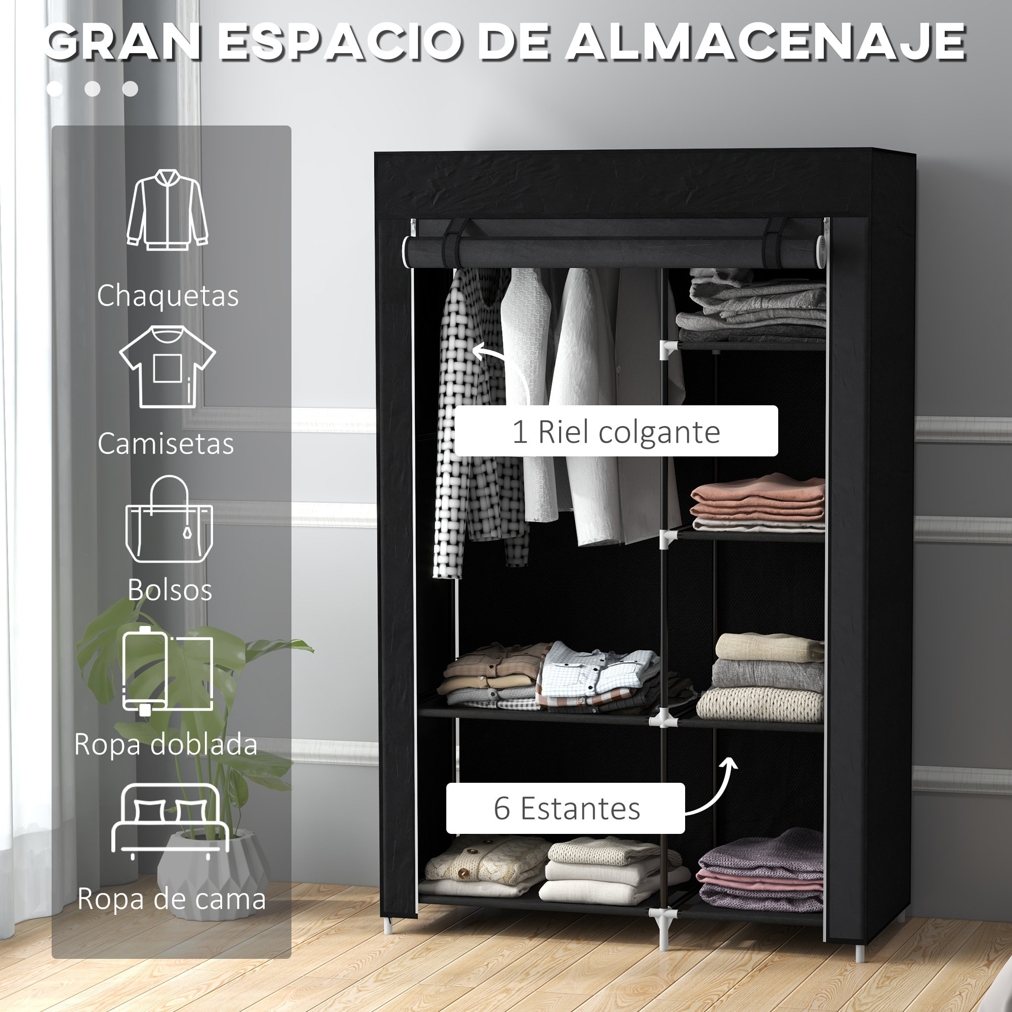 Armario de Tela Plegable Armario de Ropa Organizador Ropero Portátil con Estantes y Barra para Colgar para Dormitorio Vestidor 103x43x162,5 cm Negro
