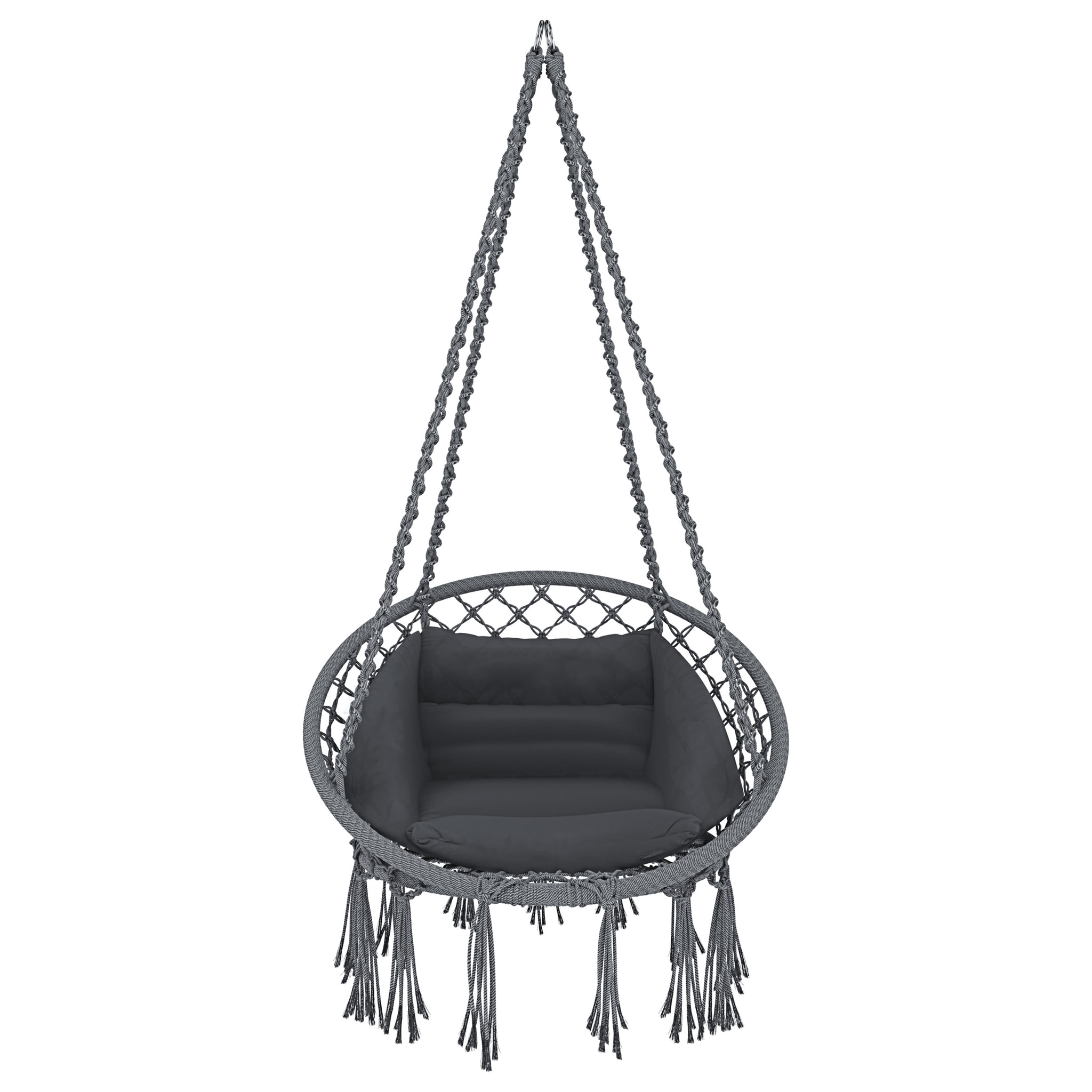 Poltrona Sospesa Pensile Da Giardino Con Corda In Cotone Effetto Macramè E Struttura In Acciaio Cuscino Sedia Dondolo Amaca Fino A 160 Kg Grigio