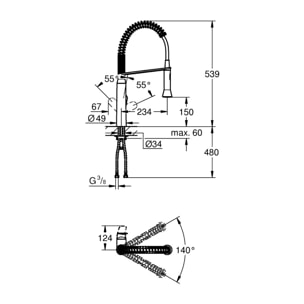 Mitigeur évier cuisine K7 avec douchette professionnelle à zone de rotation de 360°