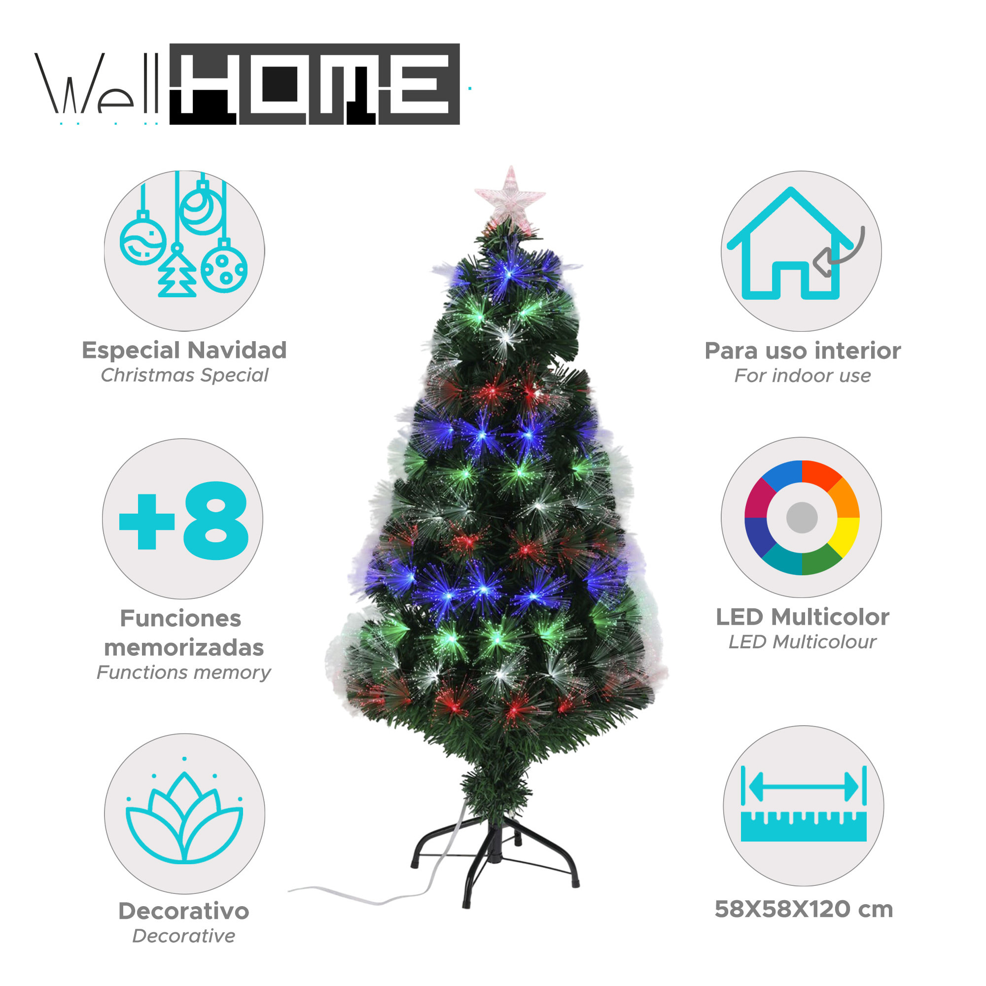Árbol de navidad de fibra óptica con 135 luces led multicolor con estrella 58x58x120cm