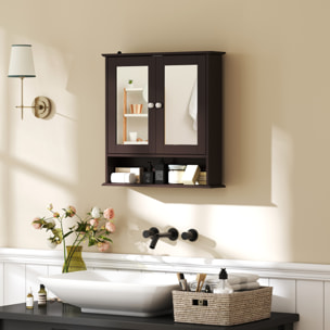 Armario de Baño con Espejo, Armario de Pared con 2 Puertas, Estante Abierto, Estante Ajustable, Mueble de Baño Colgar para Cocina, Salón, 56x13x58 cm, Marrón Oscuro