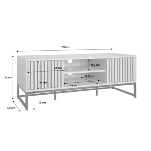 Meuble TV en décor bois rainuré L 120cm et piètement en métal noir. système d'ouverture par pression