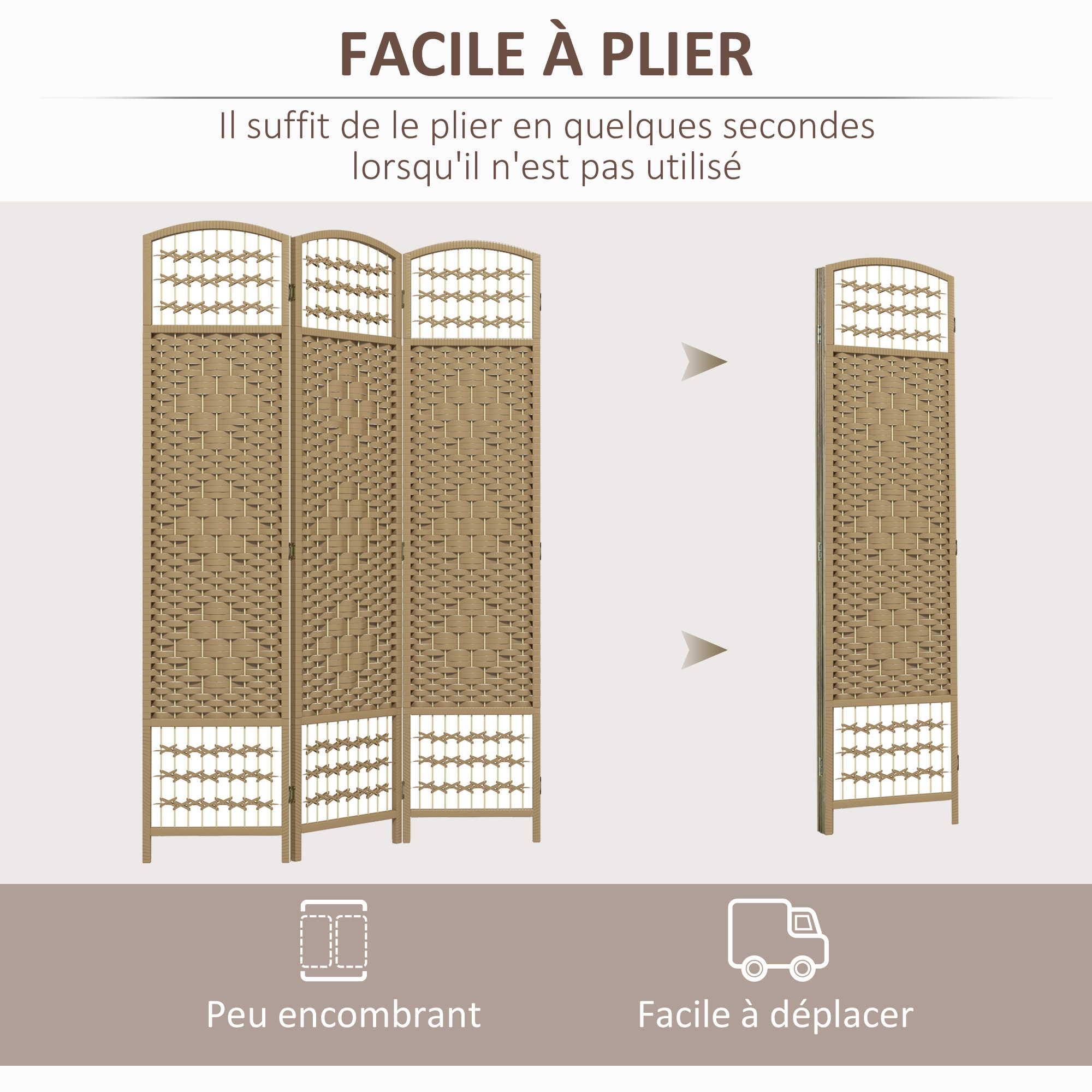 Paravent intérieur 3 panneaux pliables séparateur de pièce bois de peuplier bambou fibres de papier tressée naturel