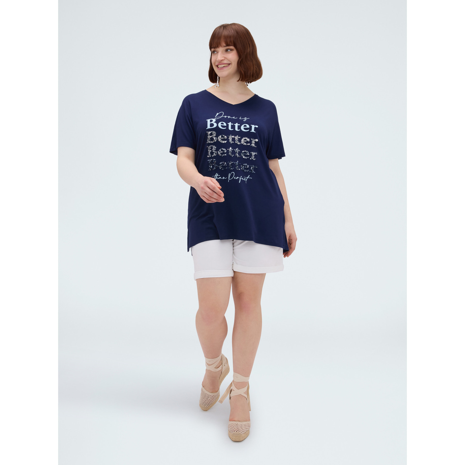 Fiorella Rubino - Camiseta de viscosa con letras y lentejuelas - Azul