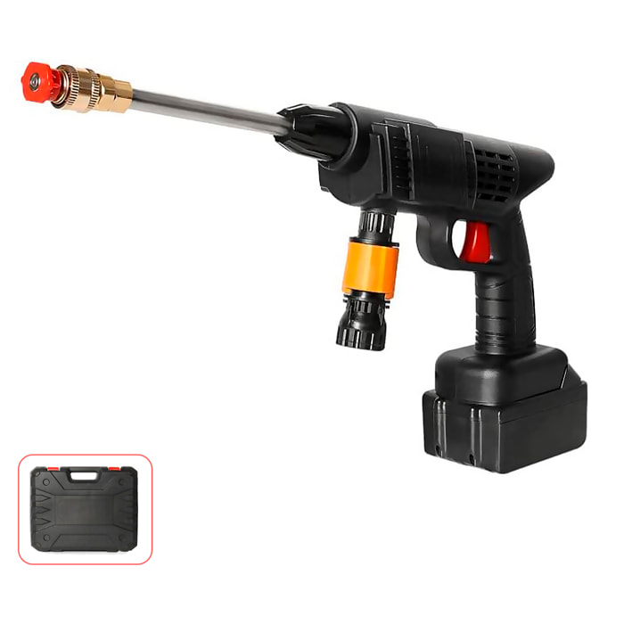 Pistola de lavado a presión con batería incorporada de 12000 mAh, 3 adaptadores de lavado diferentes, 300W de potencia y 25 bares de presión.