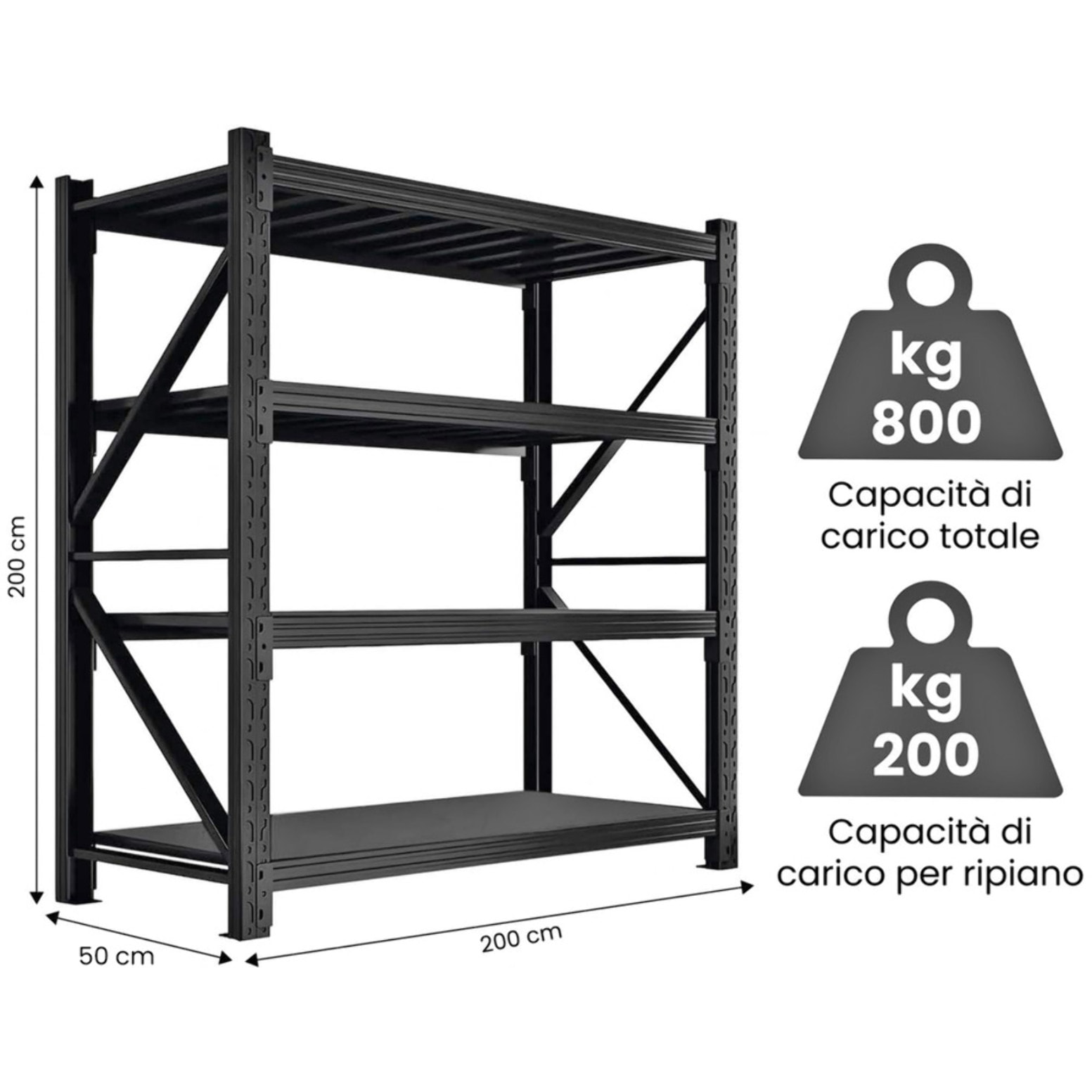 Scaffale rack in metallo 4 ripiani 200x50x200 cm per carichi pesanti 600 kg nero