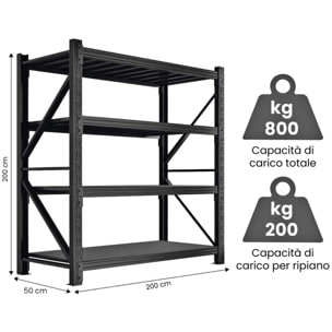 Scaffale rack in metallo 4 ripiani 200x50x200 cm per carichi pesanti 600 kg nero