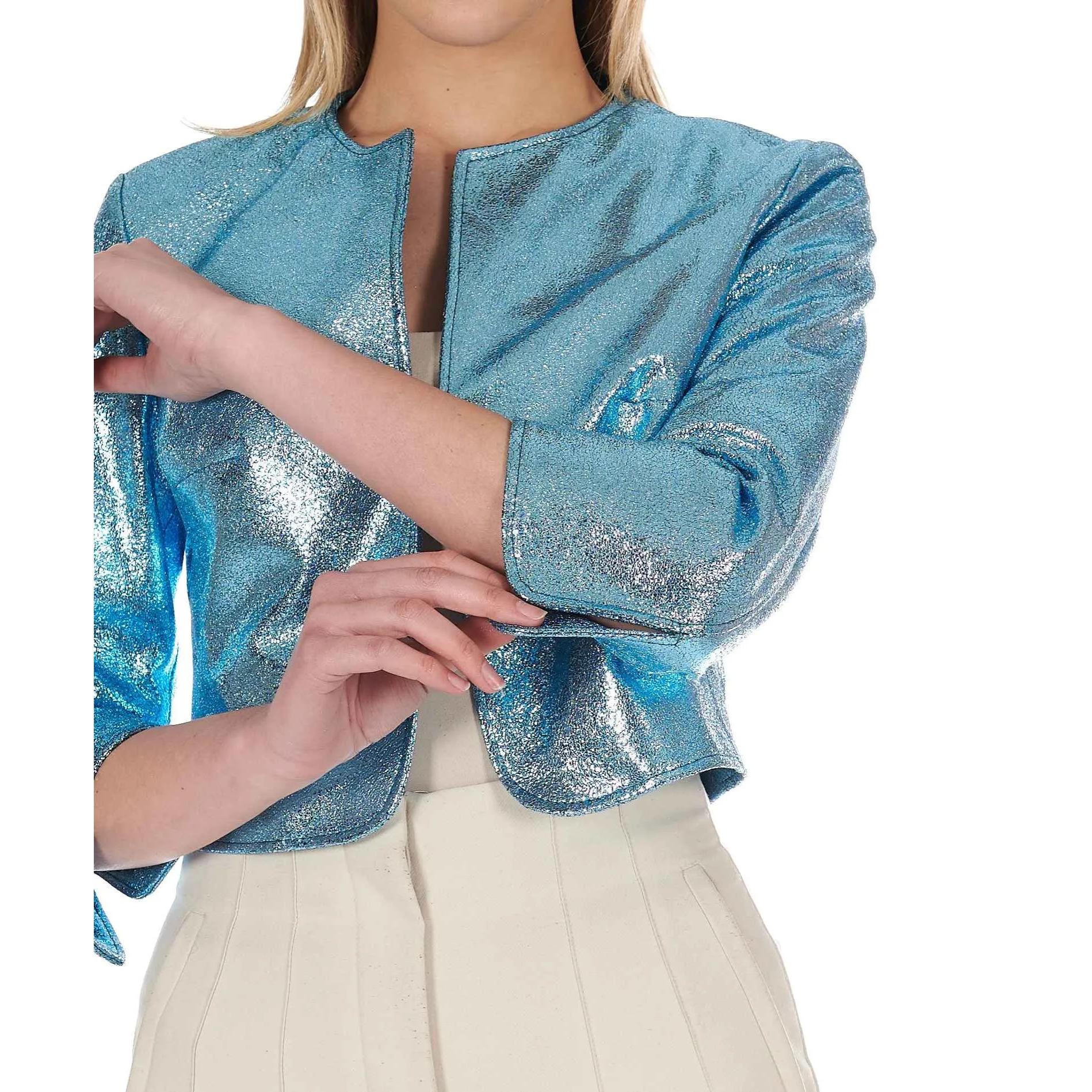 Giacca corta bolero in pelle laminata azzurra girocollo