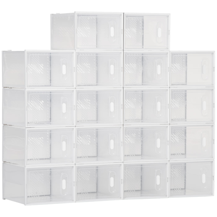 HOMCOM Armario Modular de Plástico Cajas de Zapatos Talla de 45 con 18 Cubos Puertas Magnéticas Muble Organizador para Entrada Pasillo Dormitorio 28x36x21 cm Transparente