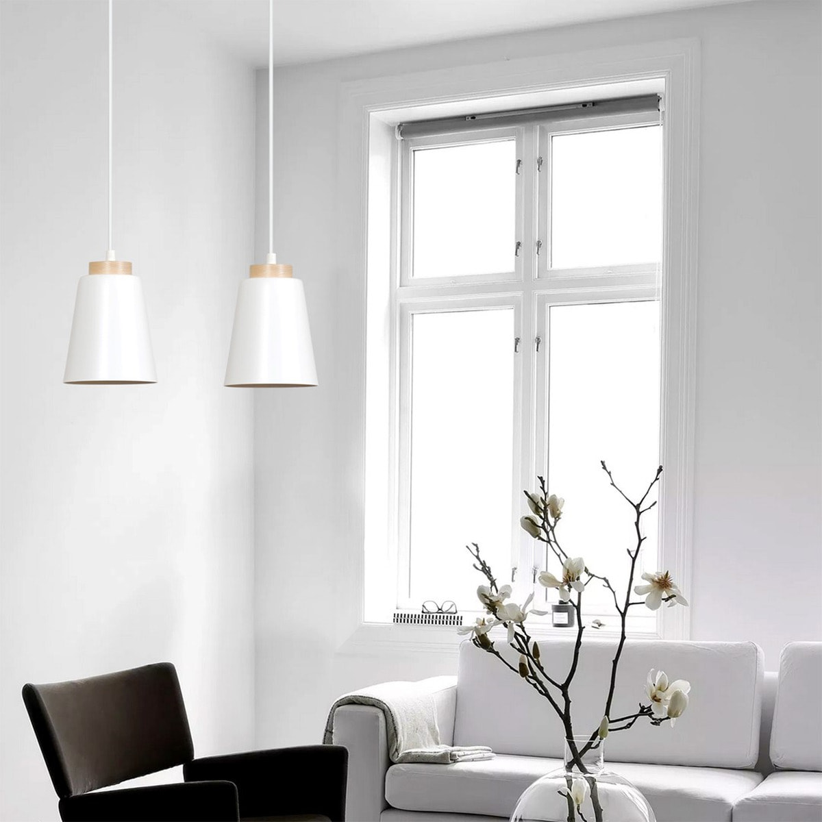 Lampada a sospensione Bolero in acciaio bianco e legno